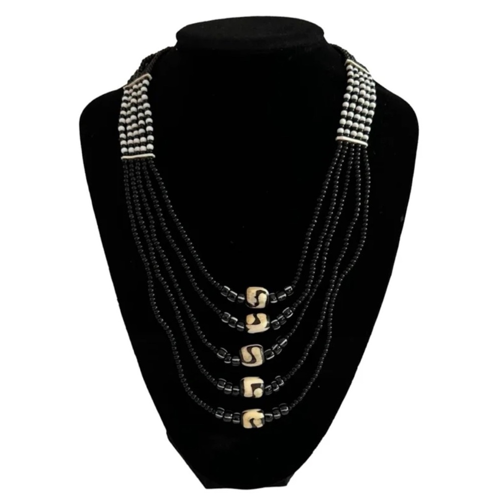 5 Strand Black, Cream, White Beaded Necklace 16” Length
